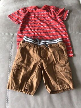 Red Striped Short Sleeve Tee and brown shorts